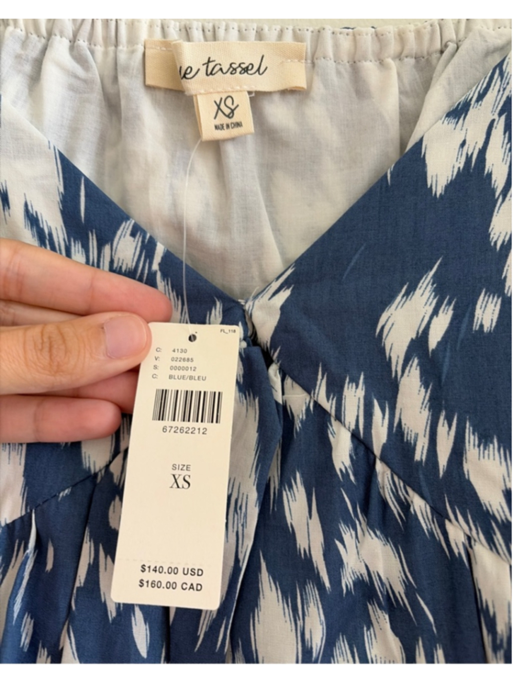 Women's Blue Tassel Blue White Ikat Print Mini Dress XS - Picture 4 of 4